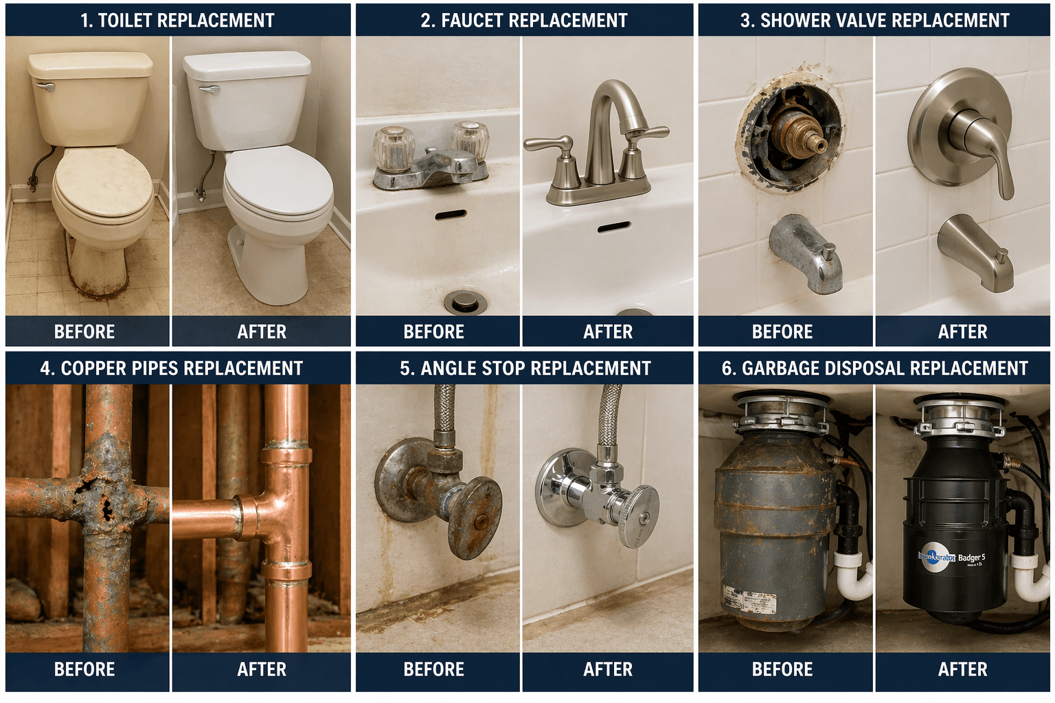 Complete Plumbing Services - Toilet, Faucet, Shower Valve, Copper Pipes, Angle Stop, Garbage Disposal Replacement